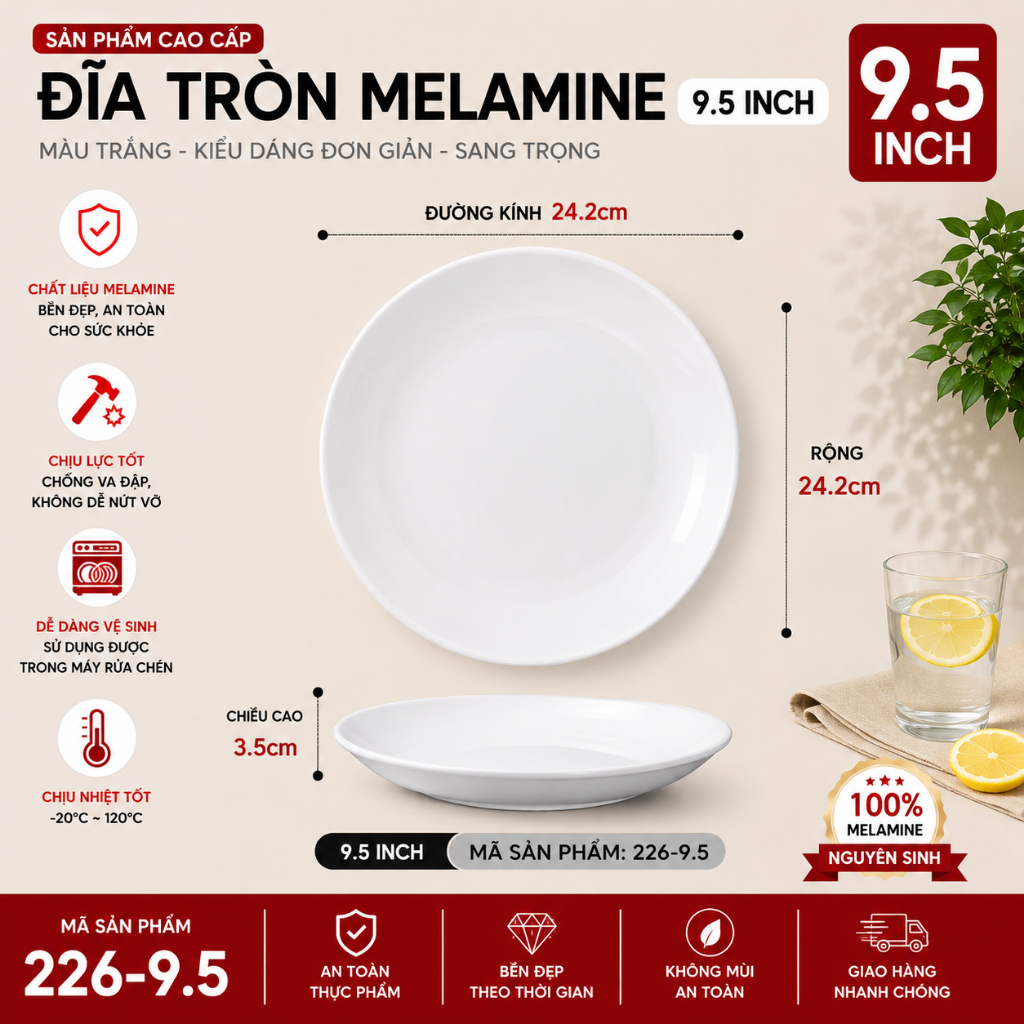 Đĩa Phíp ( Melamine A5 ) Cao Cấp Trắng Sang Trọng Bền Đẹp Không Xước - Ố  226-9.5