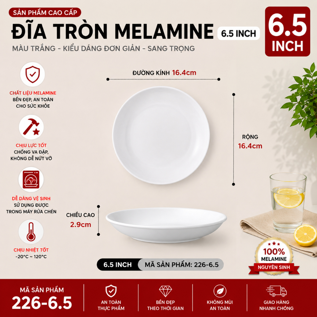 Đĩa Phíp ( Melamine A5 ) Cao Cấp Trắng Sang Trọng Bền Đẹp Không Xước - Ố  226-6.5