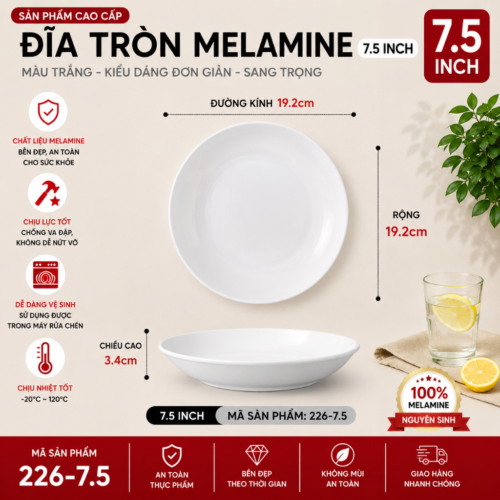 Đĩa Phíp ( Melamine A5 ) Cao Cấp Trắng Sang Trọng Bền Đẹp Không Xước - Ố  226-7.5