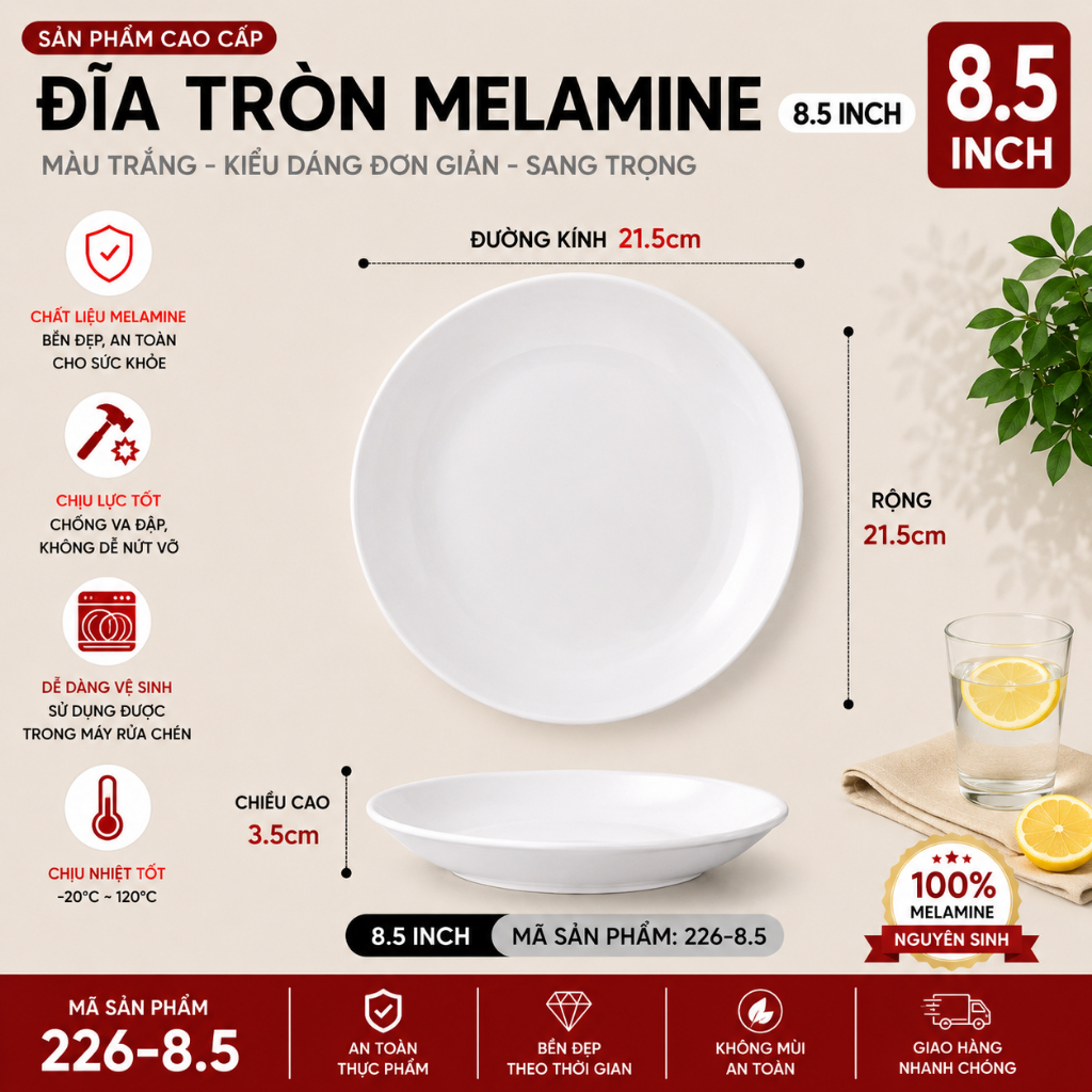 Đĩa Phíp ( Melamine A5 ) Cao Cấp Trắng Sang Trọng Bền Đẹp Không Xước - Ố  226-8.5