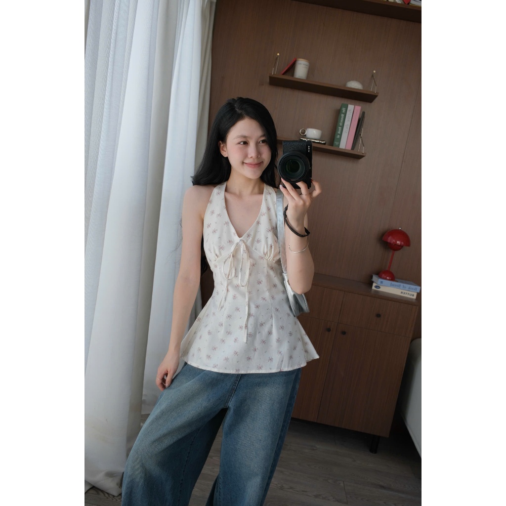 Zeli Top (TSW) Áo cổ yếm thô hoa buộc nơ trước Nữ the.sweaterweather