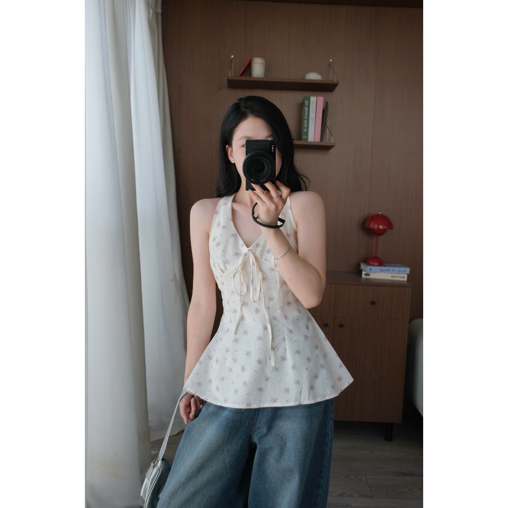 Zeli Top (TSW) Áo cổ yếm thô hoa buộc nơ trước Nữ the.sweaterweather