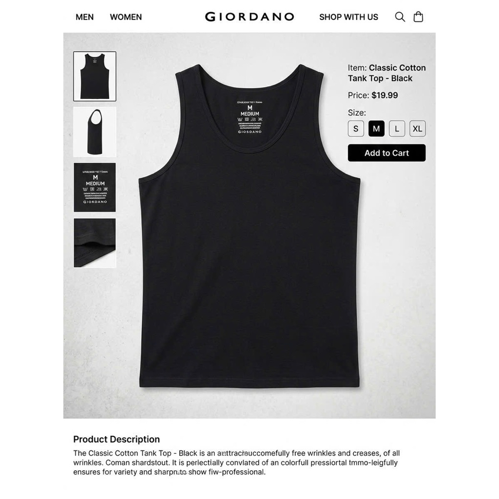 Áo ba lỗ tank top Giordano Cotton xuất dư