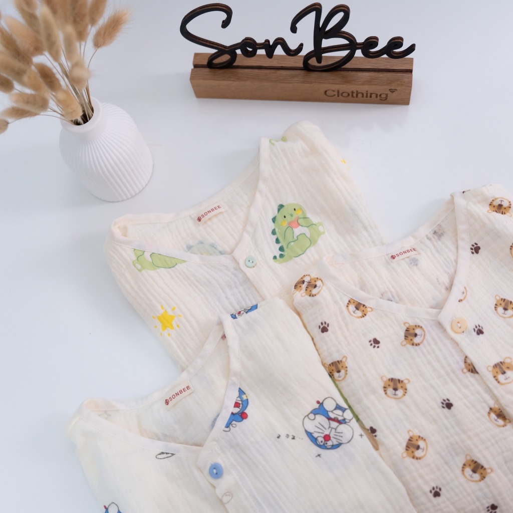 Đồ bộ dài bé trai cổ tim SONBEE, chất liệu vải xô muslin cotton mềm mát, áo tay lỡ quần bo