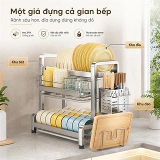 Kệ Để Chén Bát Inox Tích Hợp Khay Xả Nước Kệ Bát Đĩa Inox Đa Năng Chịu lực tốt