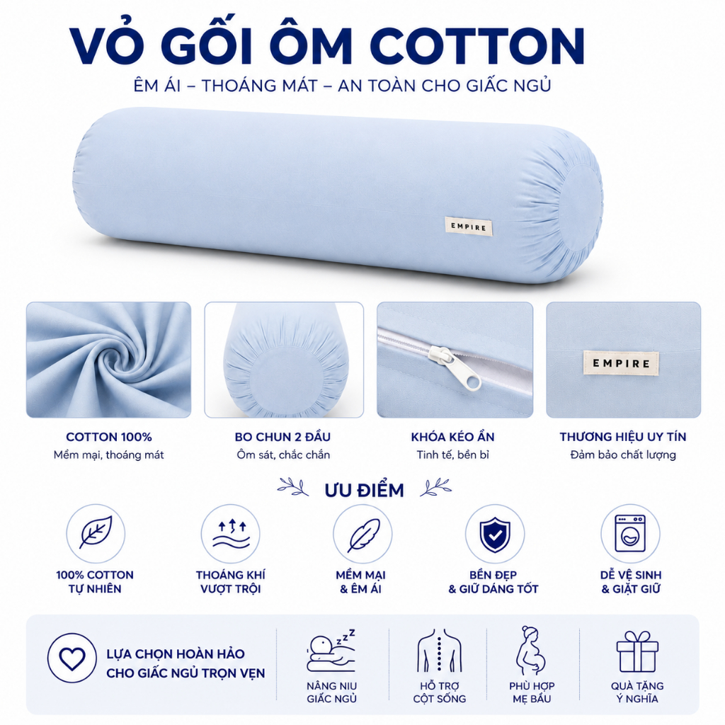 Vỏ gối ôm cotton hàn quốc 35 x 100 cm mềm mịn thoáng mát thấm hút mồ hôi - EMPIRE | Bedding & Decor