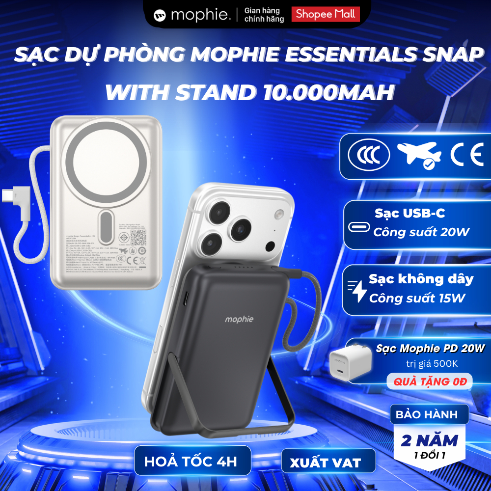 [Chứng Nhận CCC] Sạc Dự Phòng Mophie Essentials Snap + Powerstation With Stand 10.000mAh, Sạc Nhanh PD, Bảo Hành 2 Năm
