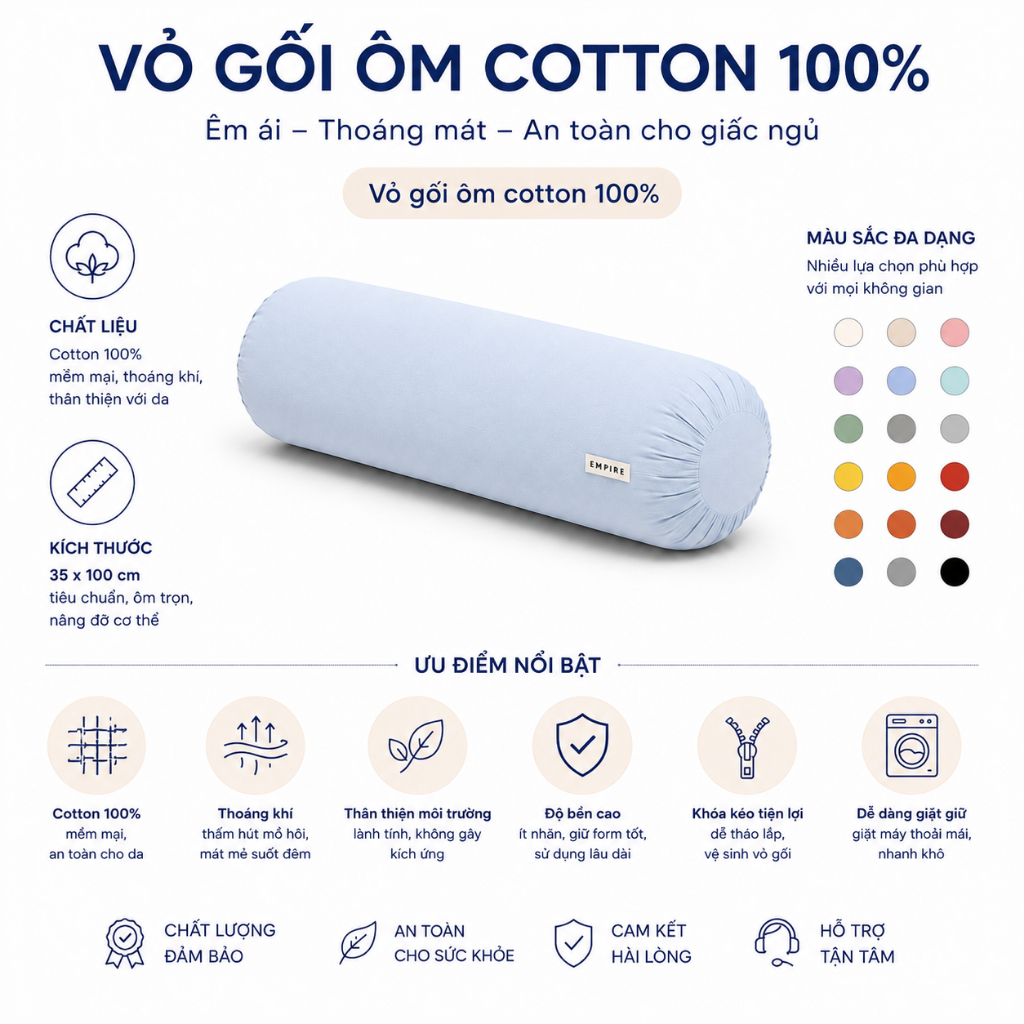Vỏ gối ôm cotton hàn quốc 35 x 100 cm mềm mịn thoáng mát thấm hút mồ hôi - EMPIRE | Bedding & Decor