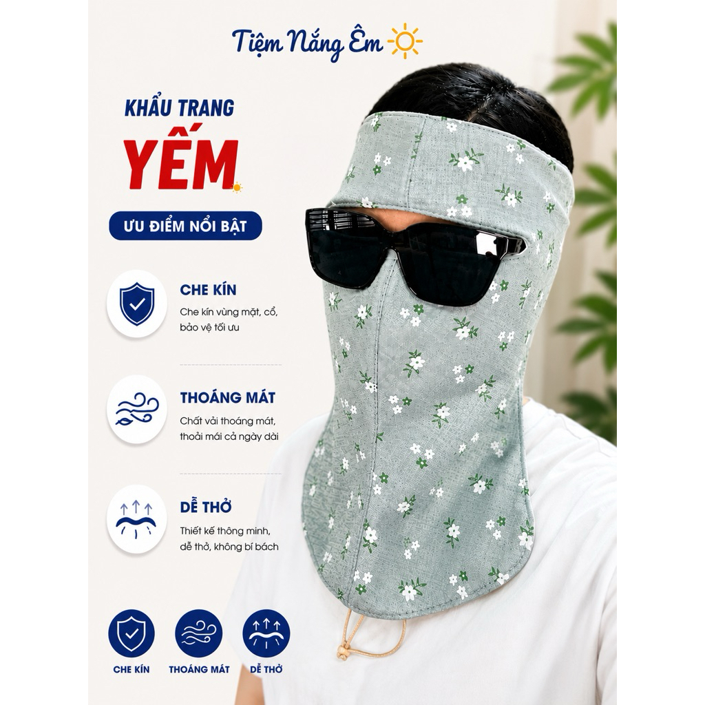 Khẩu trang yếm che trán, cổ kín mặt, vải đũi mát freesize