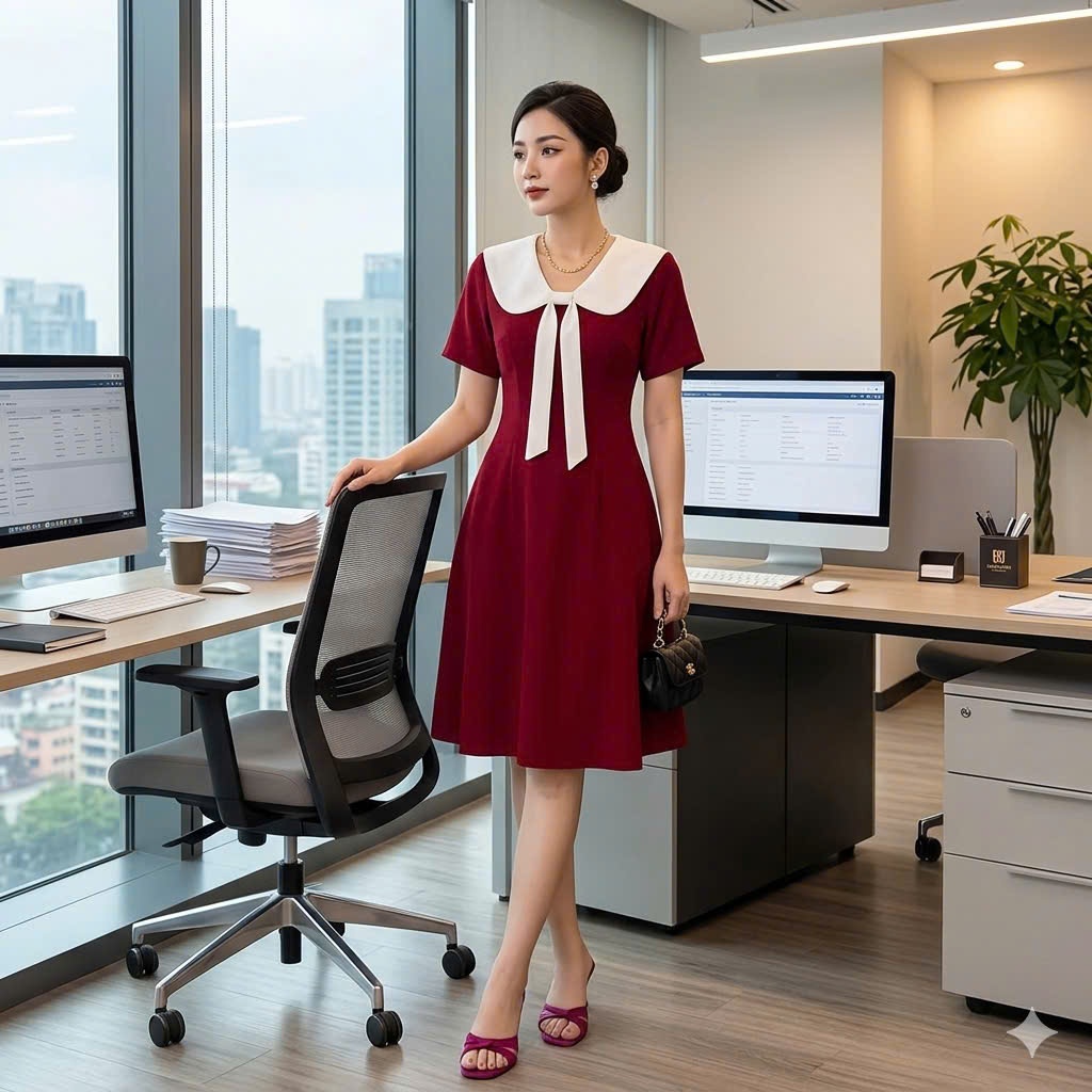 Đầm thiết kế cổ nơ dáng A, Đầm suông cổ nơ dành cho nữ, Đầm thiết kế đi làm đi chơi đều đẹp OHA02