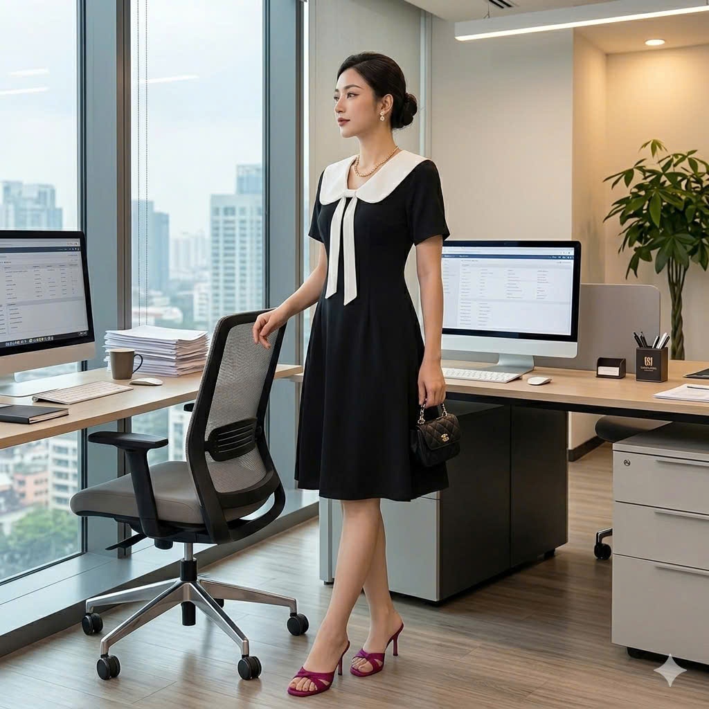 Đầm thiết kế cổ nơ dáng A, Đầm suông cổ nơ dành cho nữ, Đầm thiết kế đi làm đi chơi đều đẹp OHA02