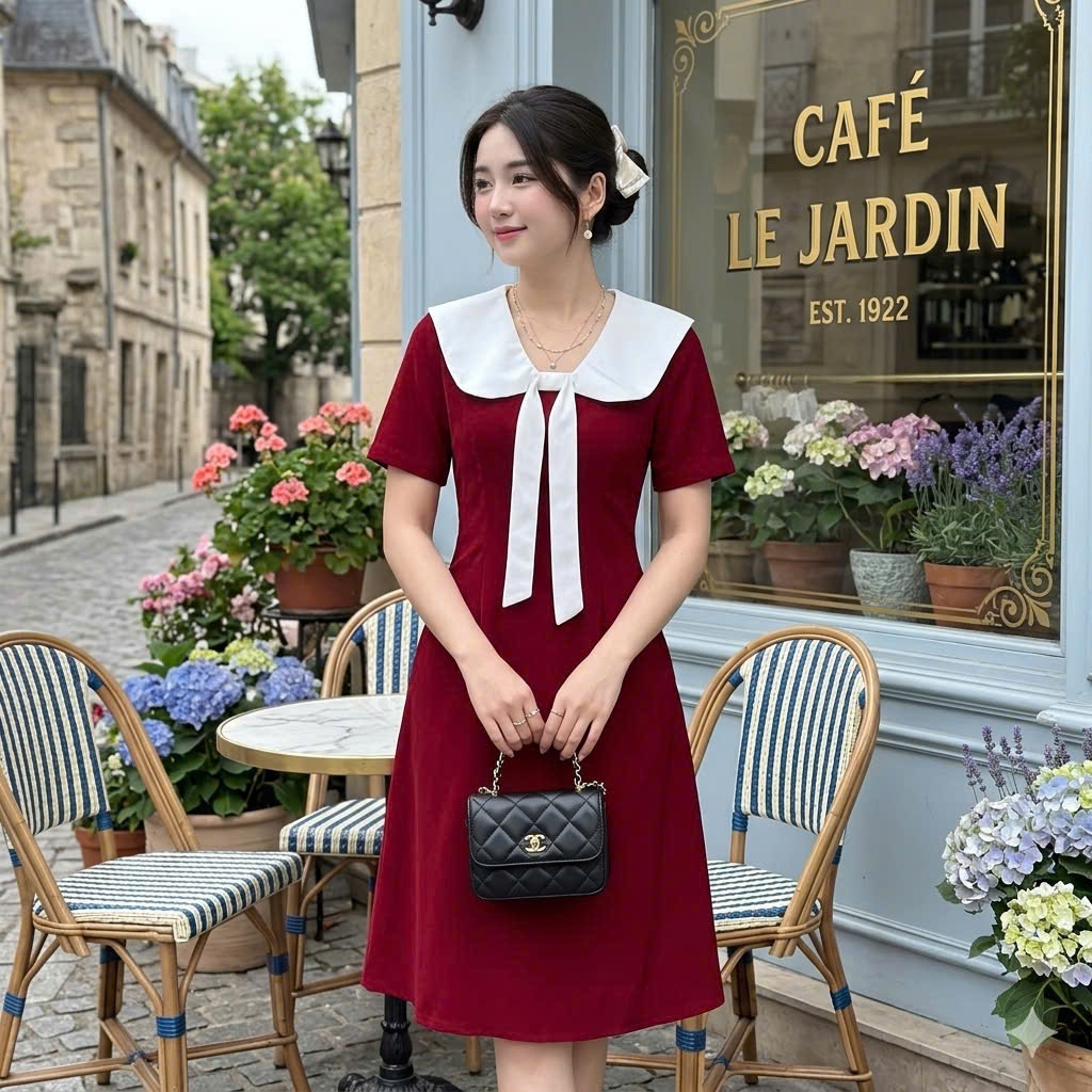 Đầm thiết kế cổ nơ dáng chữ A, Đầm công sở dáng cổ sen dáng xòe tiểu thư Ohari House