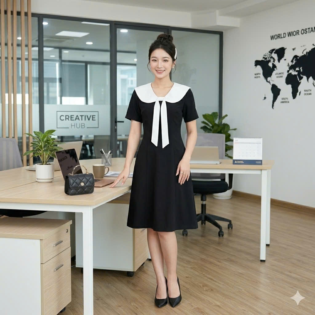 Đầm thiết kế cổ nơ dáng A, Đầm suông cổ nơ dành cho nữ, Đầm thiết kế đi làm đi chơi đều đẹp OHA02