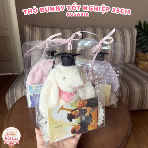 Set Quà Tặng Thỏ Bunny 25cm Thêu Tai Theo Yêu Cầu – Gấu Bông Tốt Nghiệp Kèm Túi Quà & Thiệp Cute