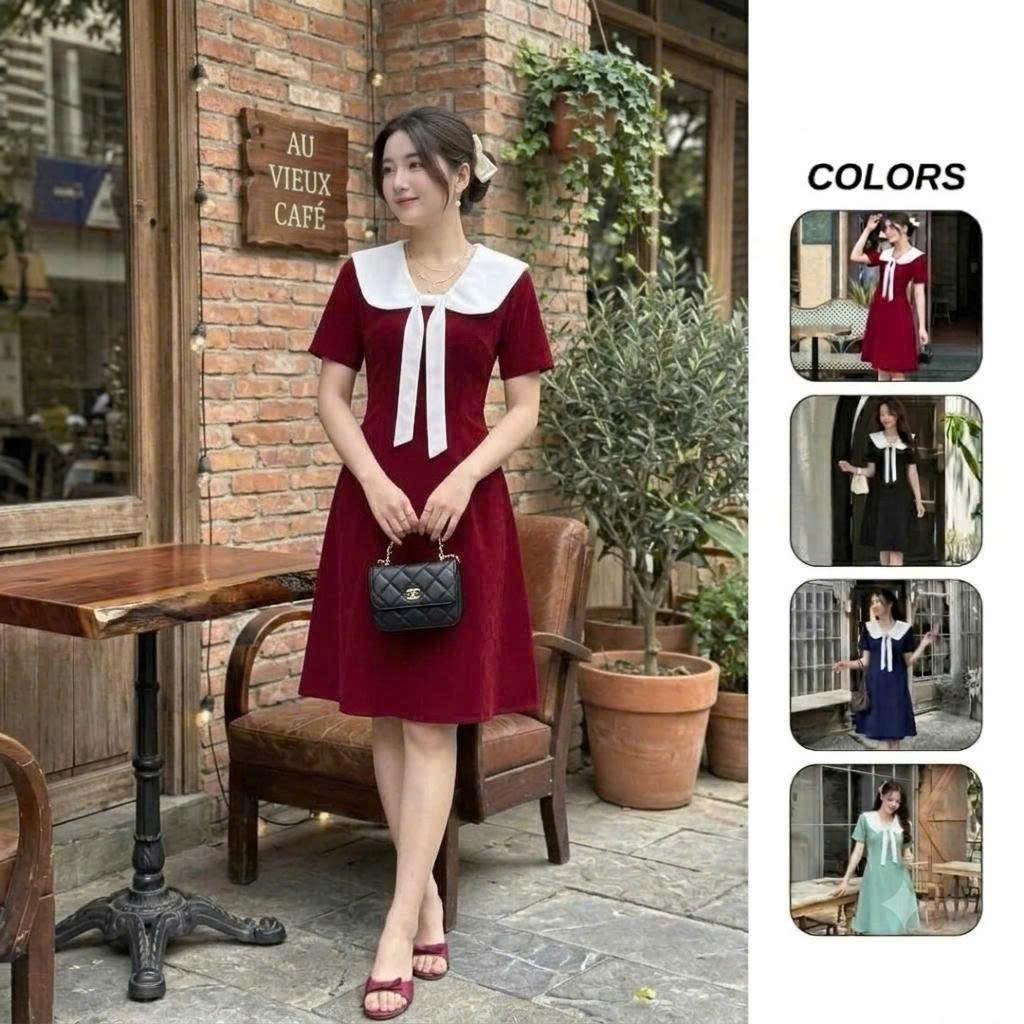 Đầm thiết kế cổ nơ dáng chữ A, Đầm công sở dáng cổ sen dáng xòe tiểu thư Ohari House