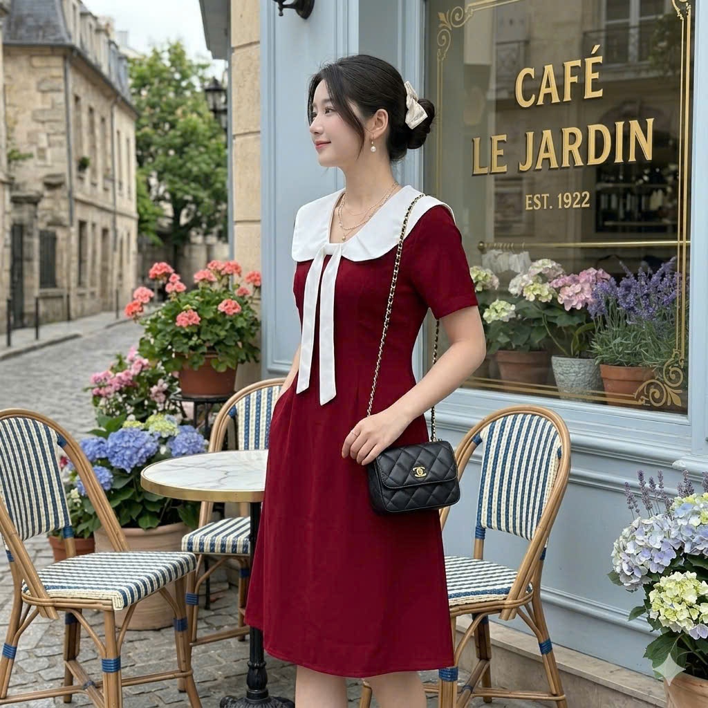 Đầm thiết kế cổ nơ dáng chữ A, Đầm công sở dáng cổ sen dáng xòe tiểu thư Ohari House