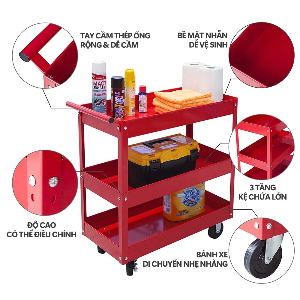 Xe đẩy dụng cụ đồ nghề 3 tầng bánh xe xoay 360 độ Đựng Đồ Gia Đình, Sửa Chữa Đa Năng thể Tải trọng 300kg