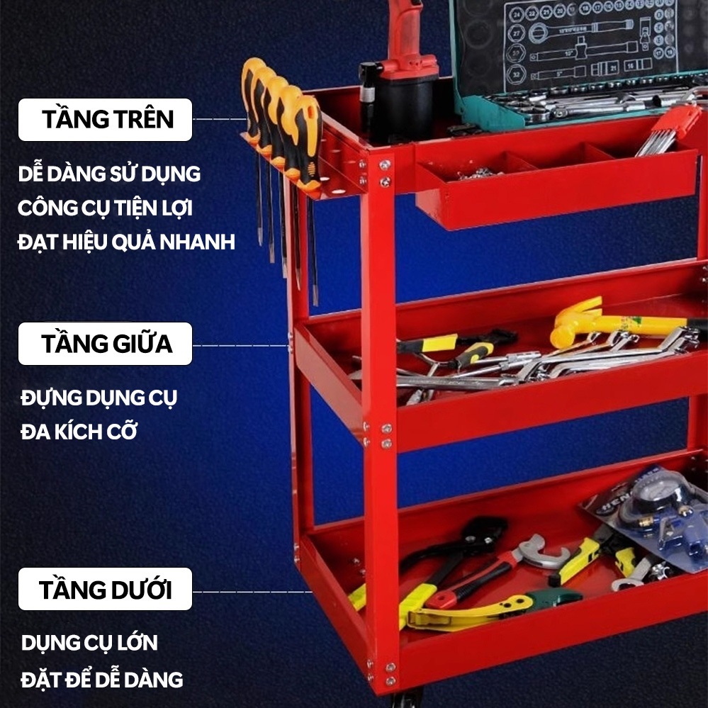 Xe đẩy dụng cụ đồ nghề 3 tầng bánh xe xoay 360 độ Đựng Đồ Gia Đình, Sửa Chữa Đa Năng thể Tải trọng 300kg