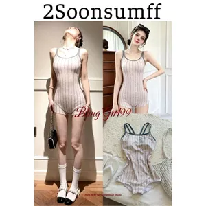2Soonsumff Bikini 1 mảnh liền thân hai dây họa tiết kẻ sọc kèm đệm ôm body sexy, bộ đồ bơi cao cấp