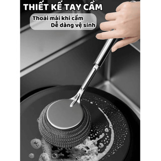 Dụng Cụ Cọ Rửa Đa Năng - Cây Chà Nồi, Chảo, Bồn Rửa Chén Cán INOX, Đầu Cọ Thép Không Gỉ Có Thể Thay Thế, Tiện Lợi