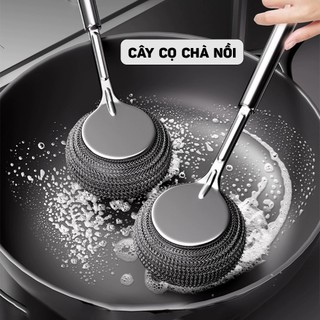 Dụng Cụ Cọ Rửa Đa Năng - Cây Chà Nồi, Chảo, Bồn Rửa Chén Cán INOX, Đầu Cọ Thép Không Gỉ Có Thể Thay Thế, Tiện Lợi