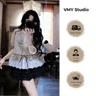 VMY Studio - Áo sơ mi phối cổ tròn phối ren thêu hoa phối chấm bi rút dây eo QCCC nữ