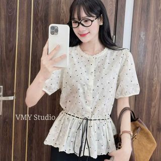 VMY Studio - Áo sơ mi phối cổ tròn phối ren thêu hoa phối chấm bi rút dây eo QCCC nữ