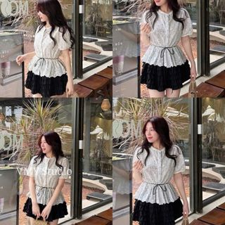 VMY Studio - Áo sơ mi phối cổ tròn phối ren thêu hoa phối chấm bi rút dây eo QCCC nữ
