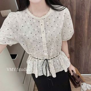 VMY Studio - Áo sơ mi phối cổ tròn phối ren thêu hoa phối chấm bi rút dây eo QCCC nữ