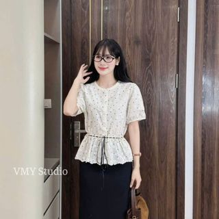 VMY Studio - Áo sơ mi phối cổ tròn phối ren thêu hoa phối chấm bi rút dây eo QCCC nữ