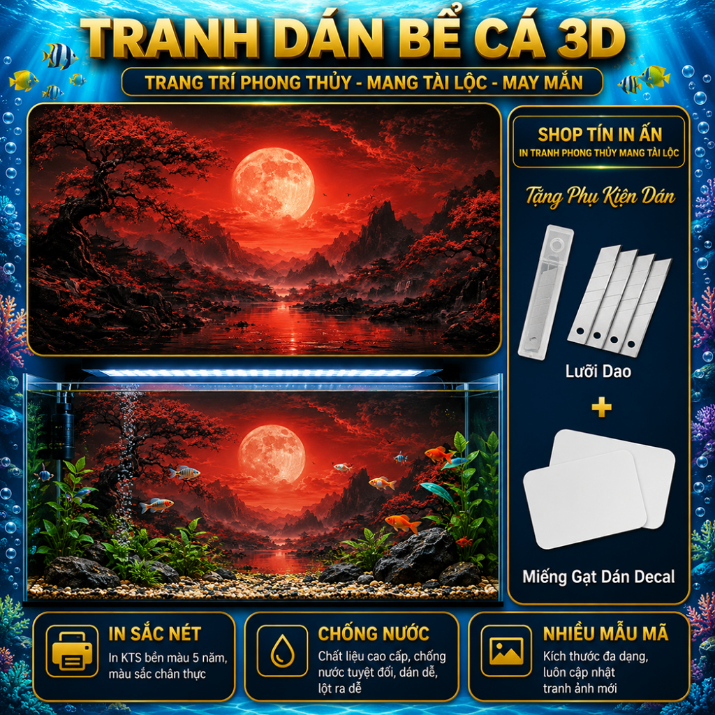 Decal tranh dán hồ cá 3D mặt trăng chống nước, In KTS dán dễ, gỡ dễ, có keo sẵn, nhiều kích cỡ