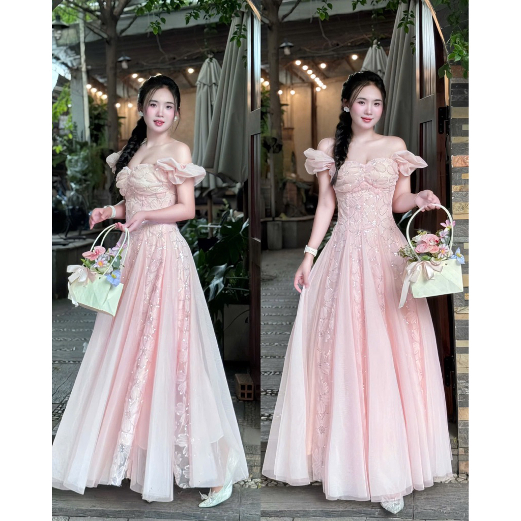 Váy Đầm Đi Tiệc Trễ Vai LASY Thời Trang Nữ Dáng Dài Siêu Bồng Bềnh Chất Ren Hoa Kim Tuyến Phối Lưới