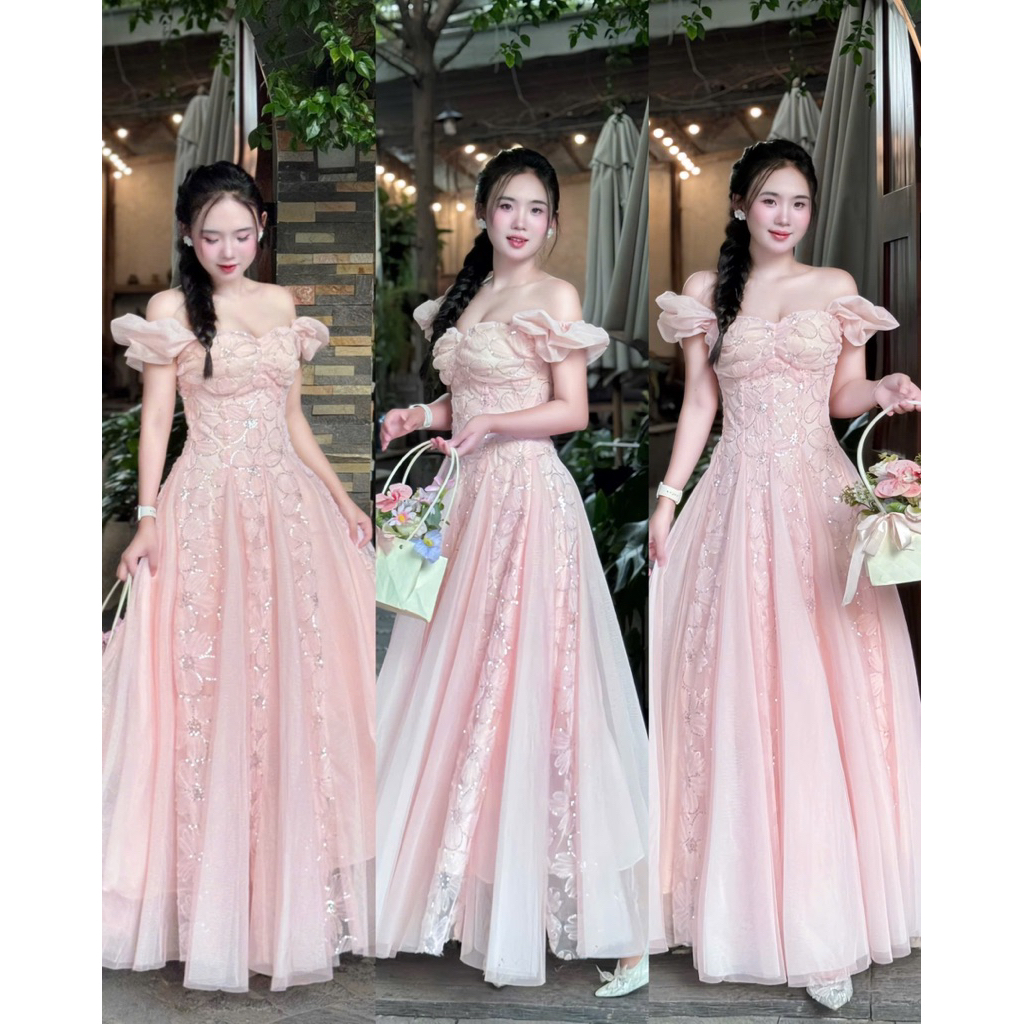 Váy Đầm Đi Tiệc Trễ Vai LASY Thời Trang Nữ Dáng Dài Siêu Bồng Bềnh Chất Ren Hoa Kim Tuyến Phối Lưới
