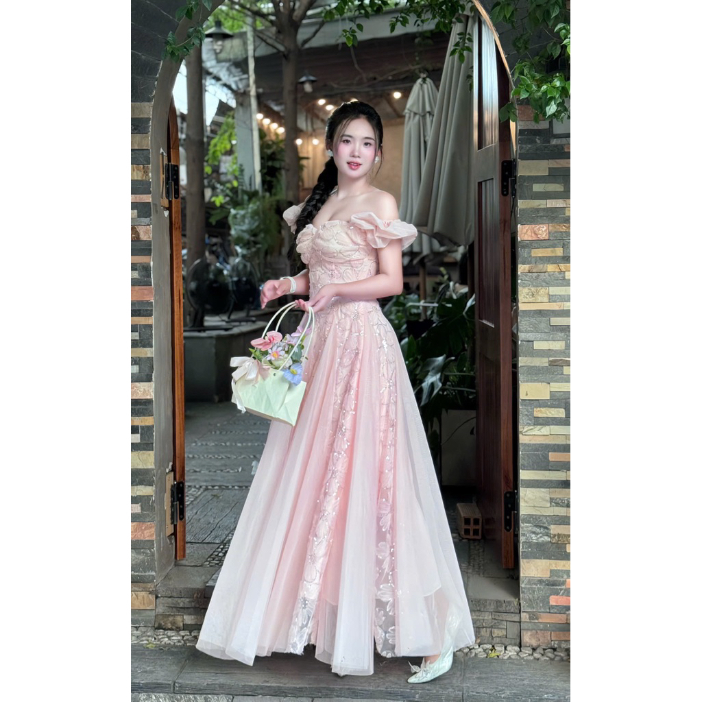 Váy Đầm Đi Tiệc Trễ Vai LASY Thời Trang Nữ Dáng Dài Siêu Bồng Bềnh Chất Ren Hoa Kim Tuyến Phối Lưới