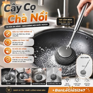 Dụng Cụ Cọ Rửa Đa Năng - Cây Chà Nồi, Chảo, Bồn Rửa Chén Cán INOX, Đầu Cọ Thép Không Gỉ Có Thể Thay Thế, Tiện Lợi