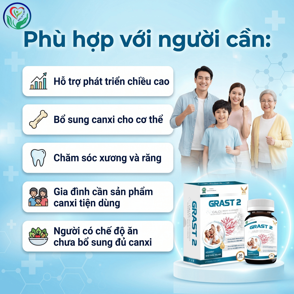 GRAST 2 30 viên bổ sung Canxi hữu cơ, Vitamin D3 K2 hỗ trợ xương răng chắc khỏe