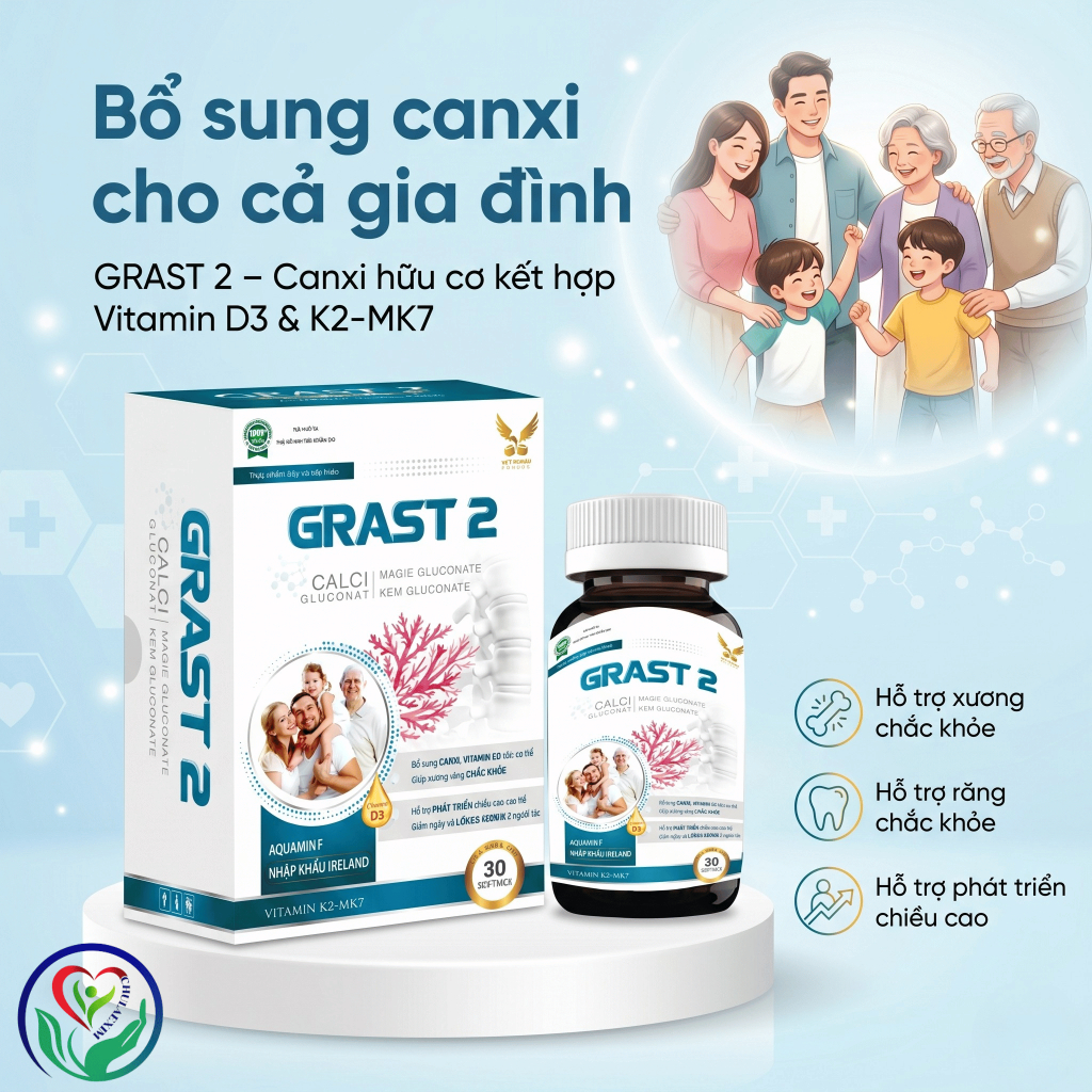 GRAST 2 30 viên bổ sung Canxi hữu cơ, Vitamin D3 K2 hỗ trợ xương răng chắc khỏe