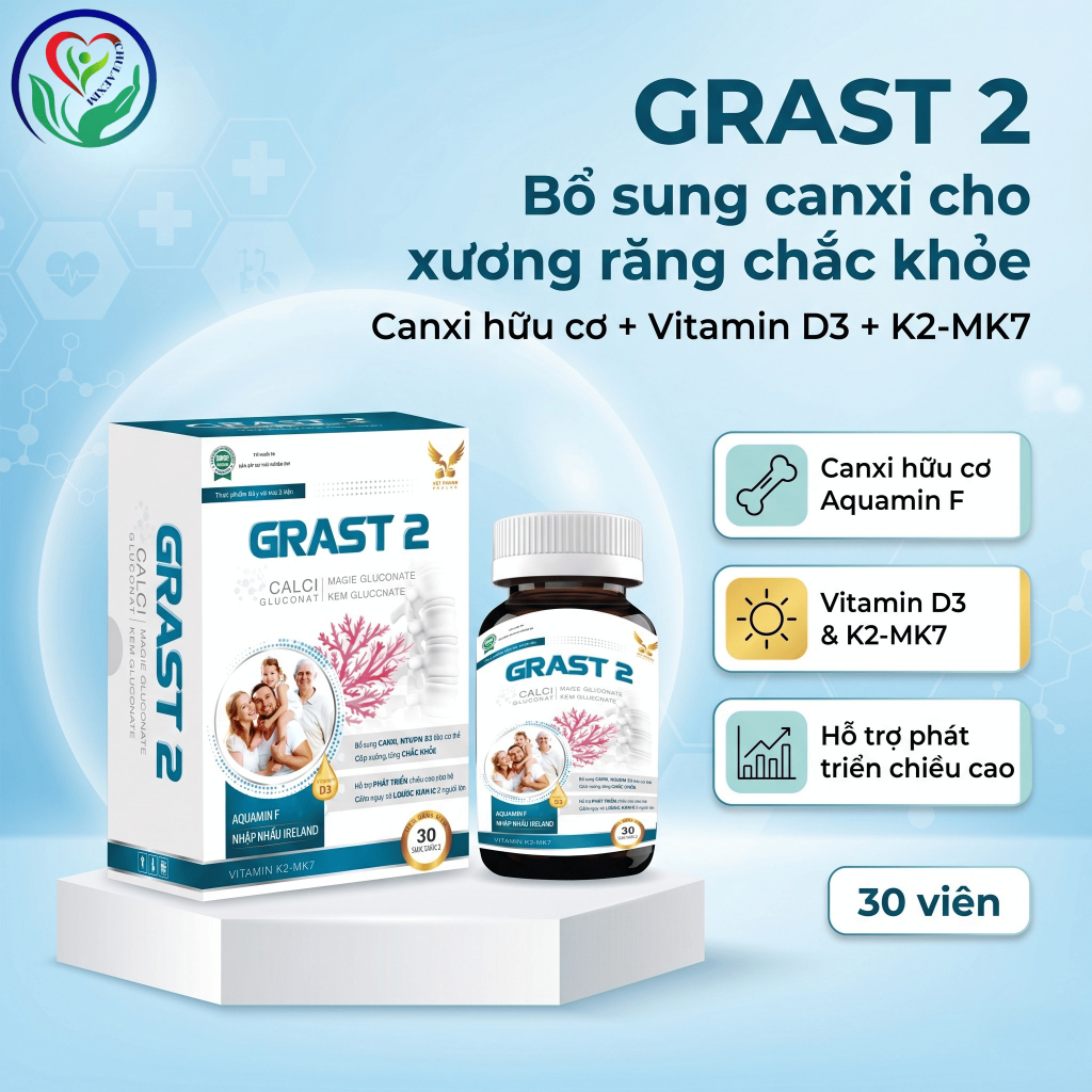 GRAST 2 30 viên bổ sung Canxi hữu cơ, Vitamin D3 K2 hỗ trợ xương răng chắc khỏe