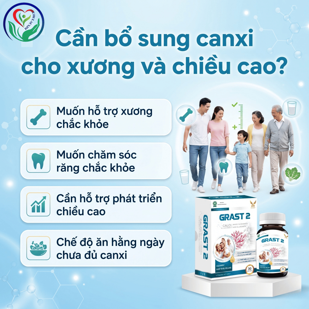 GRAST 2 30 viên bổ sung Canxi hữu cơ, Vitamin D3 K2 hỗ trợ xương răng chắc khỏe