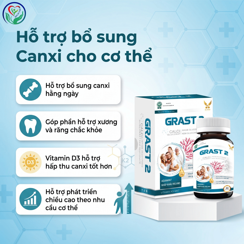GRAST 2 30 viên bổ sung Canxi hữu cơ, Vitamin D3 K2 hỗ trợ xương răng chắc khỏe