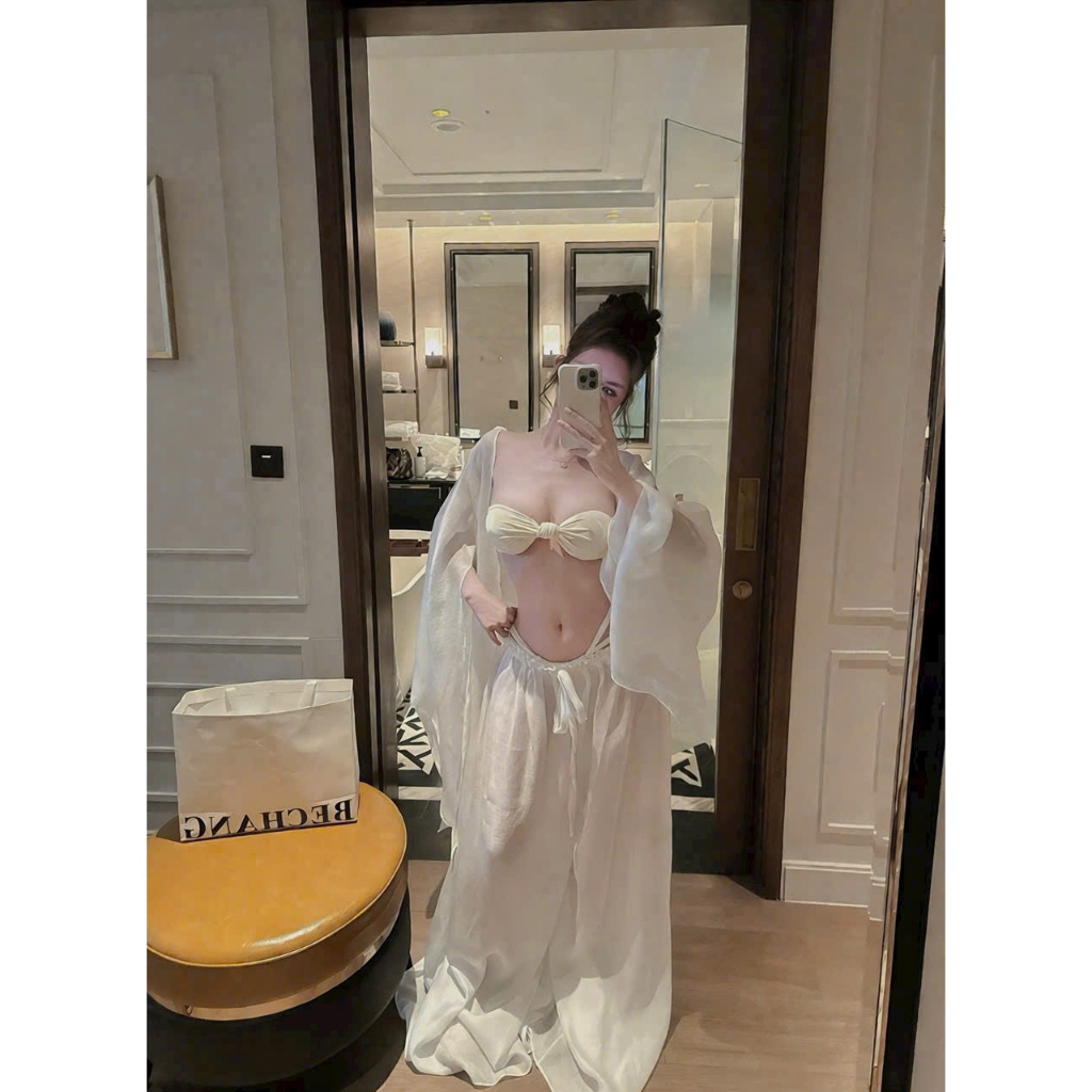 [ SẴN HCM ] Set 4 món CHOÀNG VOAN DÀI Đi Biển,dáng quần suông ống rộng phối bikini trắng sang chảnh HAN.T SHOP