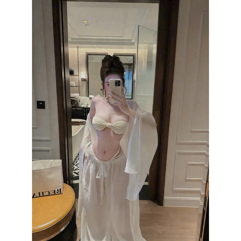 [ SẴN HCM ] Set 4 món CHOÀNG VOAN DÀI Đi Biển,dáng quần suông ống rộng phối bikini trắng sang chảnh HAN.T SHOP