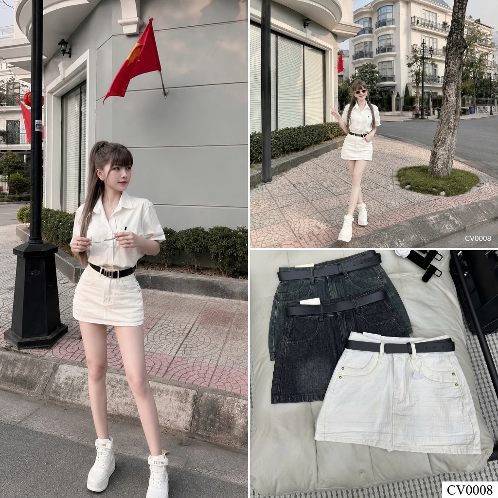 Chân váy ngắn jean, denim bò chữ Mi kèm đai Mía QCCC QCL1 Mía CV0008 #5332