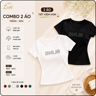 Combo 2 Áo Thun Tăm Nữ Cổ Tròn Tiệm Lười Áo Phông Gân Tăm Cộc Tay Tôn Dáng Co Giãn Đính Đá BLING