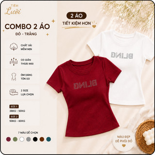Combo 2 Áo Thun Tăm Nữ Cổ Tròn Tiệm Lười Áo Phông Gân Tăm Cộc Tay Tôn Dáng Co Giãn Đính Đá BLING
