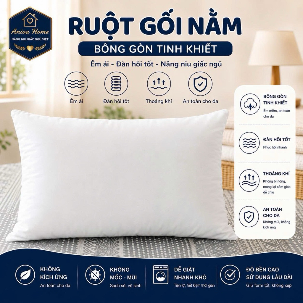Bộ gối ôm và gối nằm gòn Minh Hằng Aniva Home, thiết kế tiện lợi, êm ái, nâng đỡ cơ thể