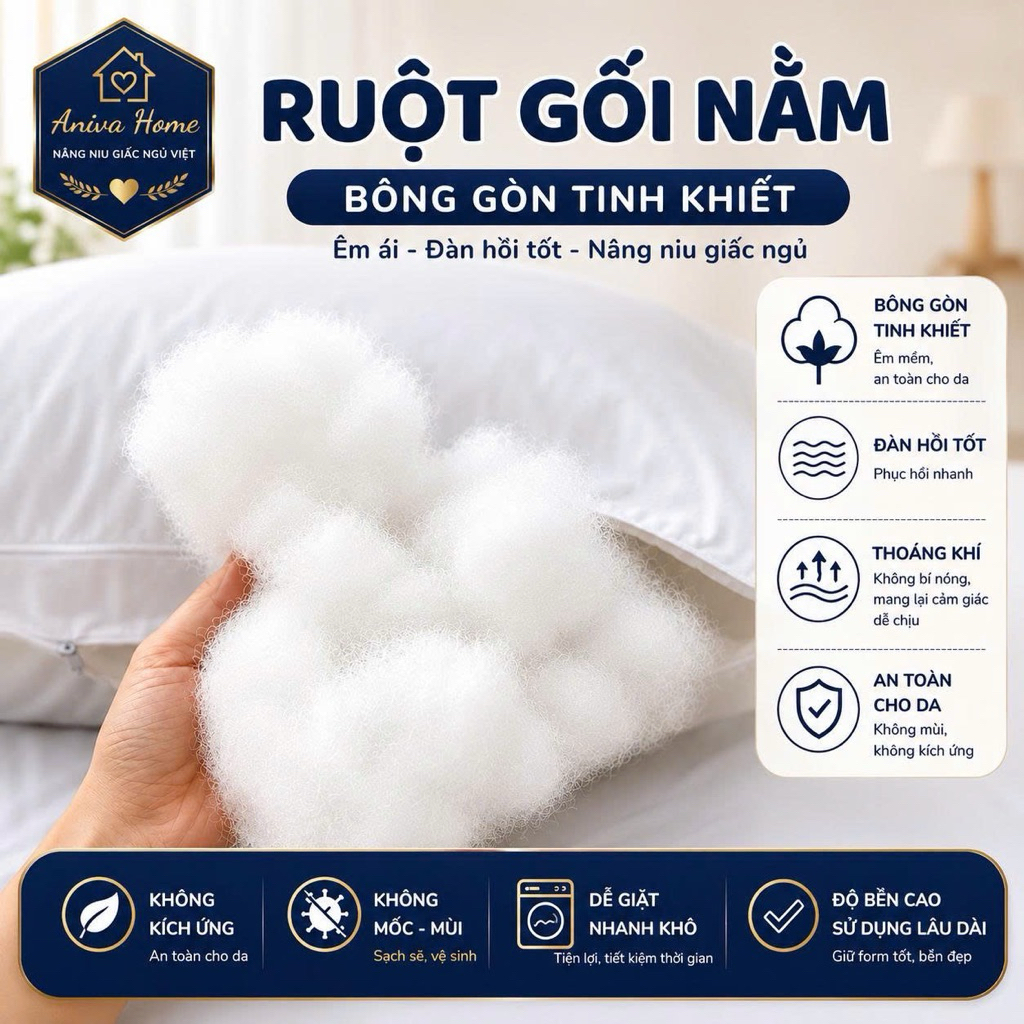 Bộ gối ôm và gối nằm gòn Minh Hằng Aniva Home, thiết kế tiện lợi, êm ái, nâng đỡ cơ thể