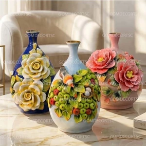 Bình Hút Lộc Tì Bà Gốm Sứ Bát Tràng Bình Hoa Đắp Nổi Vuốt Tay Thủ Công Decor Phong Thủy GomDecorTsc