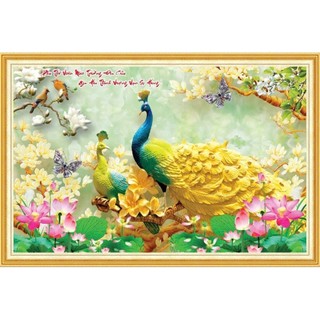 Tranh 3D chim công phượng dán tường, tranh uyên ương trang trí phòng ngủ, tranh in trên chất liệu vải lụa (tặng keo dán)