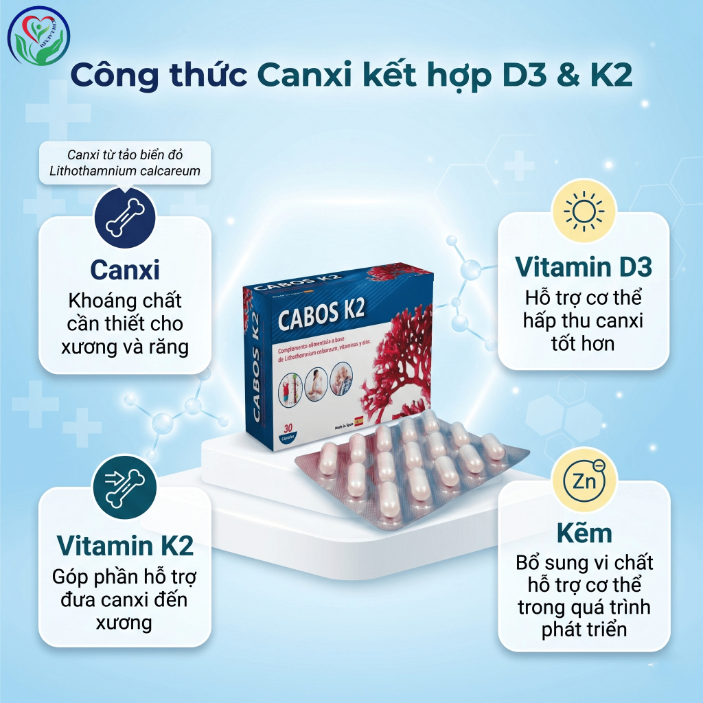 CABOS K2 30 viên bổ sung Canxi, Vitamin D3 K2 hỗ trợ xương răng chắc khỏe